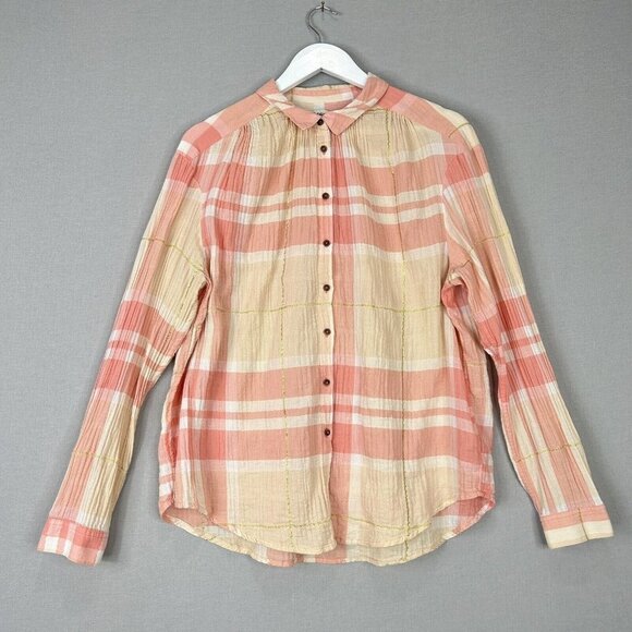 Holding Horses Anthro Womens Top 12 Pink Plaid Button Down Shirt Western Work - Picture 1 of 9